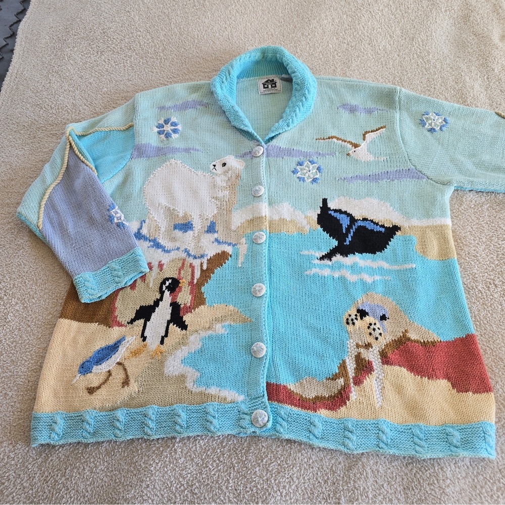 Vtg 90s Storybook Knits Arctic Creatures Cardigan Sweater Size 3XL Whimsical